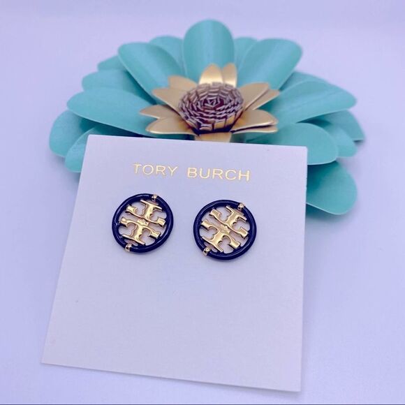 NWOT Tory Burch Gold DoubLe T With Black Enamel Trim Round Stud Earrings - Picture 7 of 10